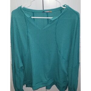 Freckled Poppy Teal Waffle Knit Notched V-Neck Top T4695 Made in USA Large